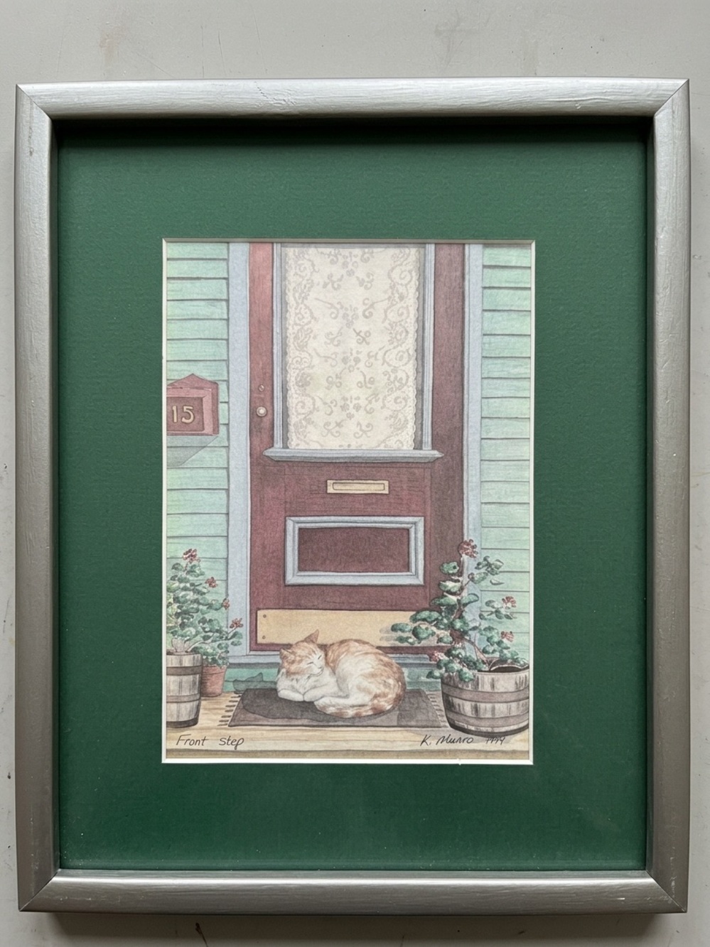 1994 Katherine Munro Framed Cat Print - "Front Step" Newfoundland Art